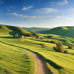 A serene and picturesque scene of a peaceful countryside with rolling hills, lush green meadows, and a clear blue sky