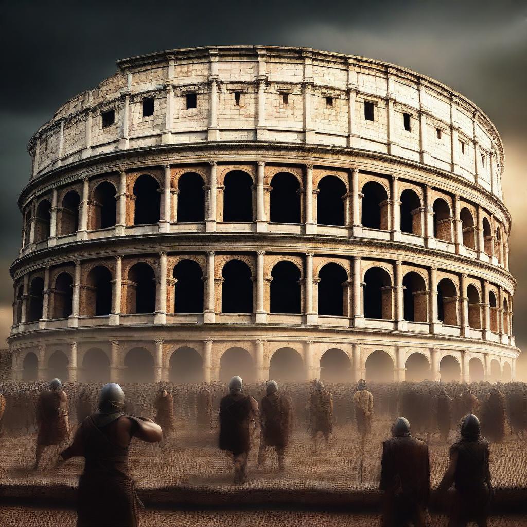 A dramatic movie poster featuring an ancient Roman colosseum with gladiators preparing for battle