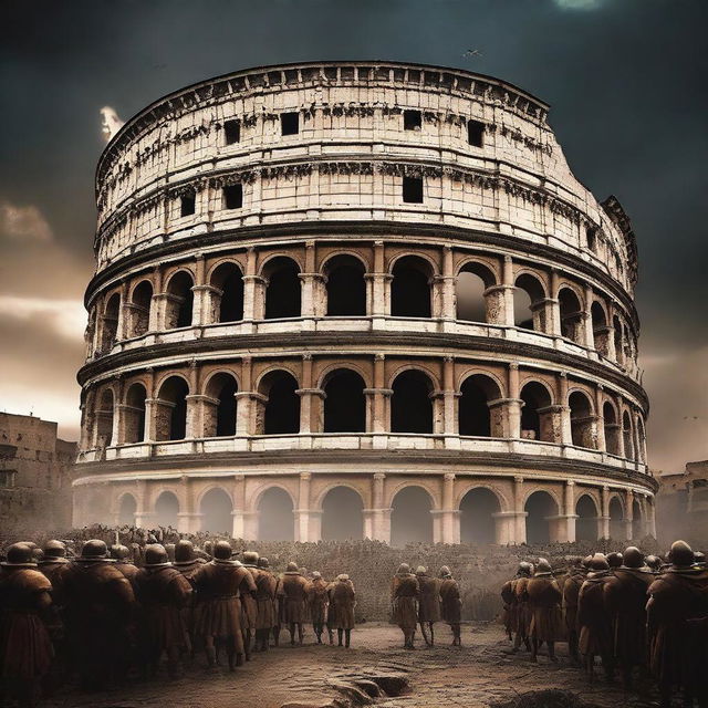 A dramatic movie poster featuring an ancient Roman colosseum with gladiators preparing for battle