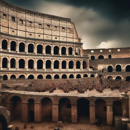 A dramatic movie poster featuring an ancient Roman colosseum with gladiators preparing for battle