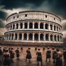 A dramatic movie poster featuring an ancient Roman colosseum with gladiators preparing for battle