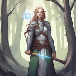 A detailed illustration of a female Firbolg Cleric wearing chainmail armor