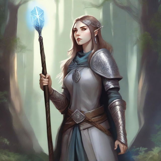 A detailed illustration of a female Firbolg Cleric wearing chainmail armor