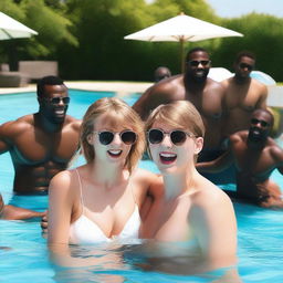 Taylor Swift enjoying a sunny day in a pool, surrounded by muscular black men who are laughing and having a good time