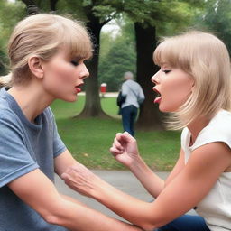 Taylor Swift showing compassion by giving a gentle kiss on the cheek to an elderly homeless man in a public park