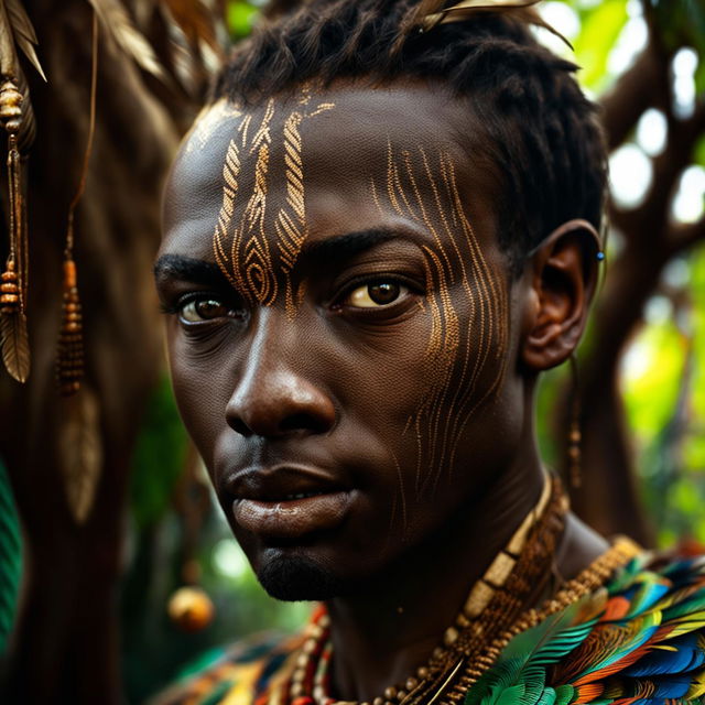 Intense close-up of a different androgynous African man in tribal attire in a vibrant mystical jungle, with immaculate composition and lighting.