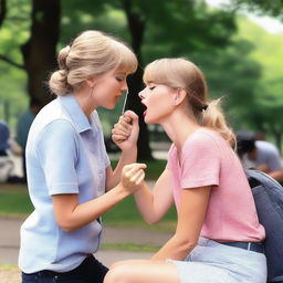 Taylor Swift showing compassion by giving a gentle kiss on the cheek to an elderly homeless man in a public park