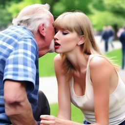 Taylor Swift showing compassion by giving a gentle kiss on the cheek to an elderly homeless man in a public park