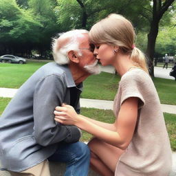 Taylor Swift showing compassion by giving a gentle kiss on the cheek to an elderly homeless man in a public park