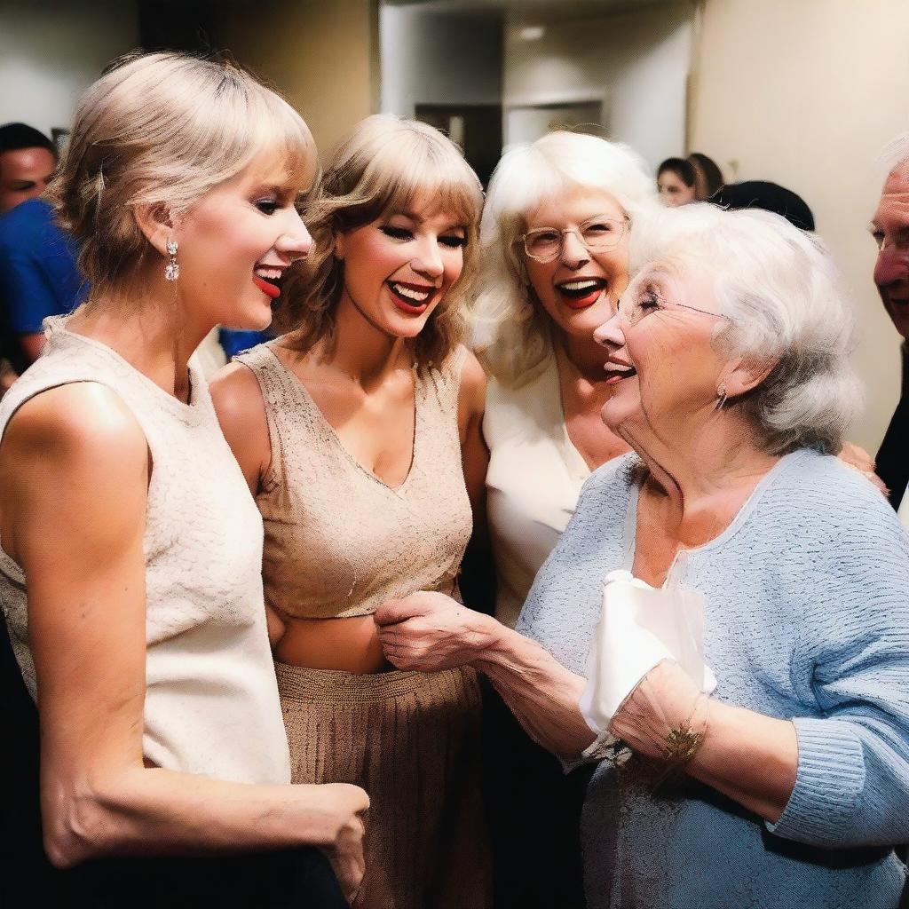 Taylor Swift backstage after a concert, surrounded by a group of elderly fans