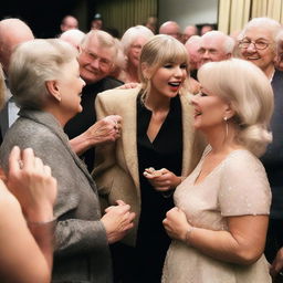 Taylor Swift backstage after a concert, surrounded by a group of elderly fans