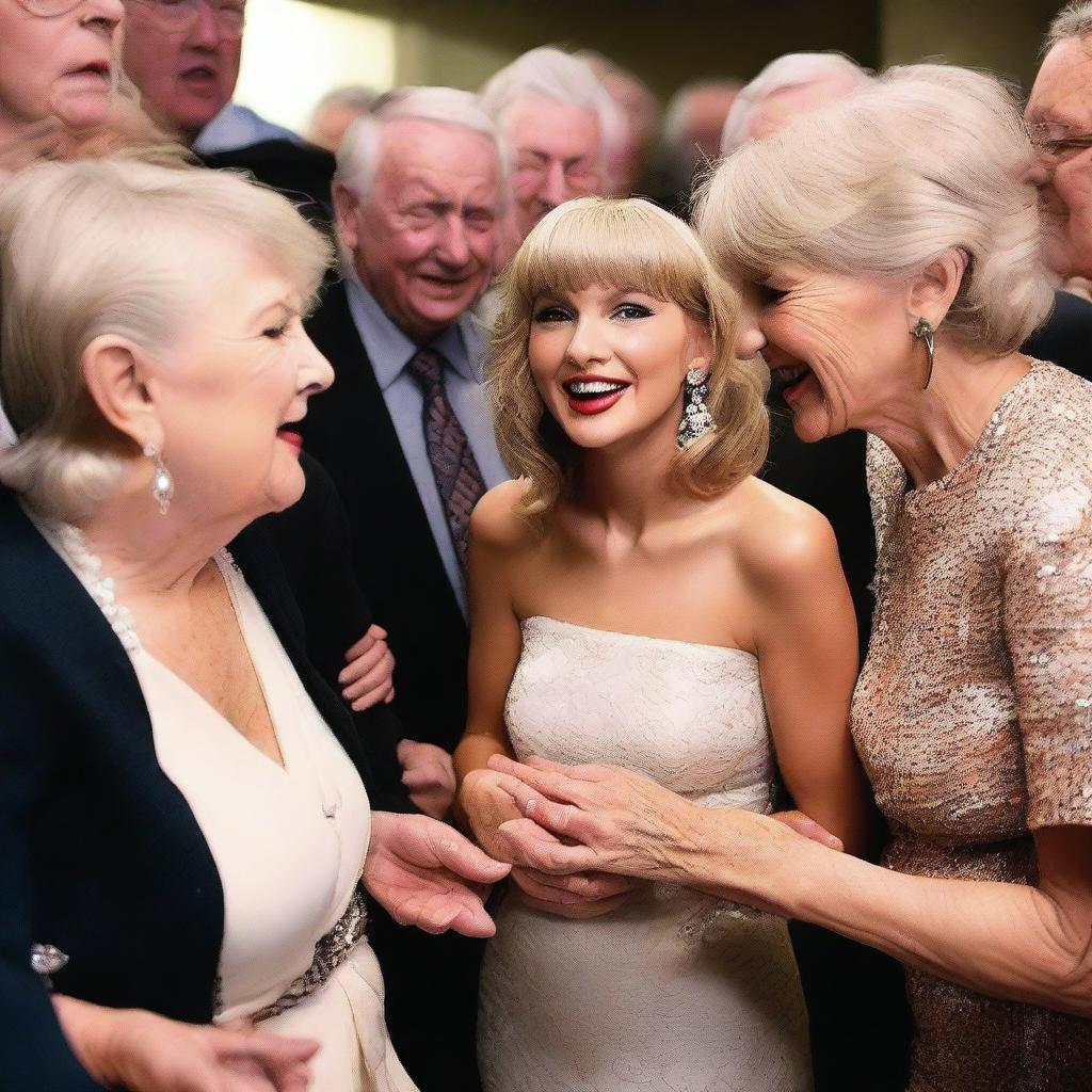 Taylor Swift backstage after a concert, surrounded by a group of elderly fans