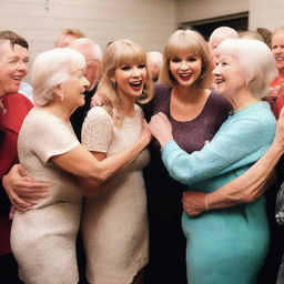 Taylor Swift backstage after a concert, surrounded by a group of elderly fans