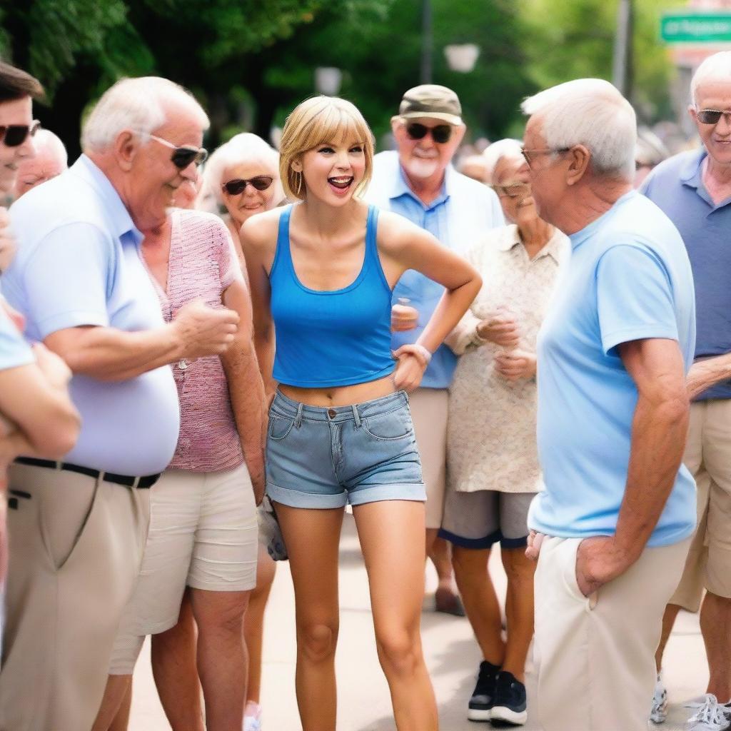 Taylor Swift wearing a blue tank top and shorts, interacting with several elderly men in a respectful and friendly manner