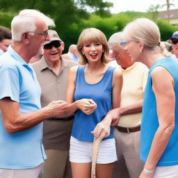 Taylor Swift wearing a blue tank top and shorts, interacting with several elderly men in a respectful and friendly manner