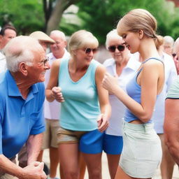 Taylor Swift wearing a blue tank top and shorts, interacting with several elderly men in a respectful and friendly manner