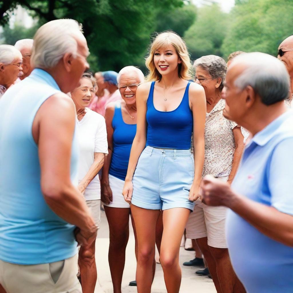 Taylor Swift wearing a blue tank top and shorts, interacting with several elderly men in a respectful and friendly manner