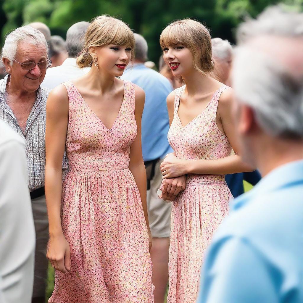 Taylor Swift in a summer dress, interacting with several elderly homeless men in a public setting