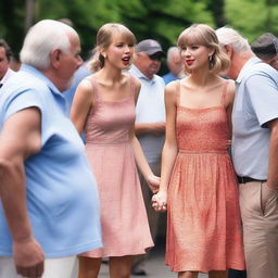 Taylor Swift in a summer dress, interacting with several elderly homeless men in a public setting