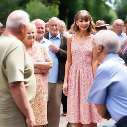 Taylor Swift in a summer dress, interacting with several elderly homeless men in a public setting