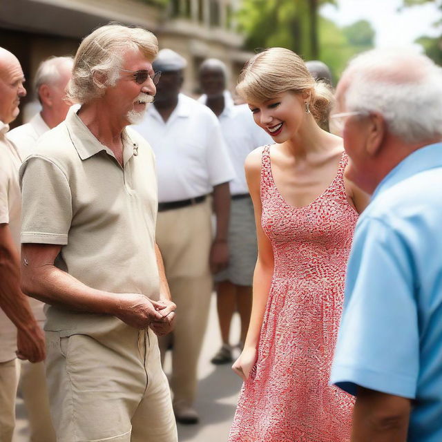 Taylor Swift in a summer dress, interacting with several elderly homeless men in a public setting