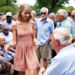 Taylor Swift in a stylish summer dress, interacting with several elderly homeless men in a public setting