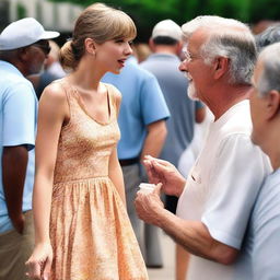 Taylor Swift in a stylish summer dress, interacting with several elderly homeless men in a public setting