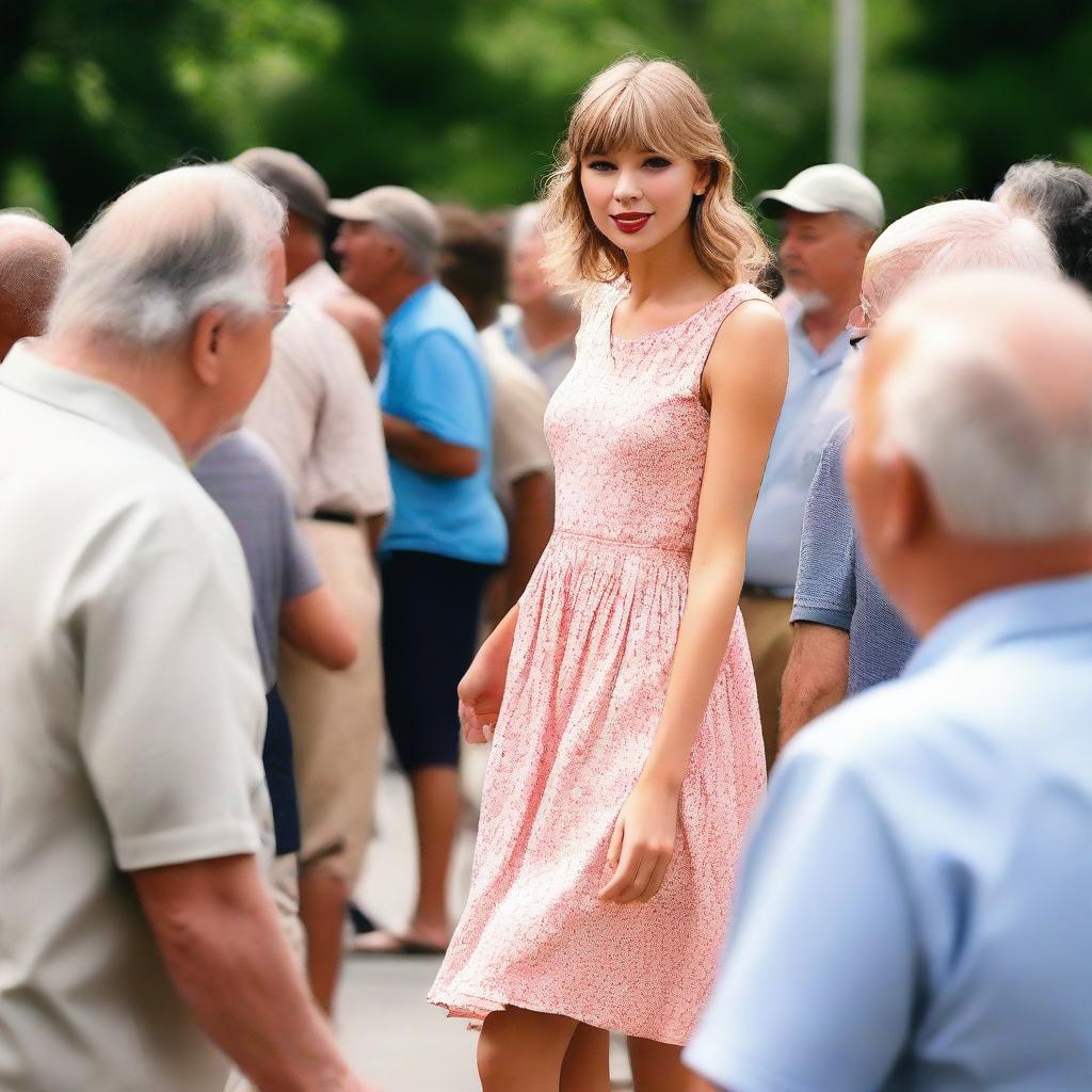 Taylor Swift in a stylish summer dress, interacting with several elderly homeless men in a public setting