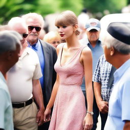 Taylor Swift in a stylish summer dress, interacting with several elderly homeless men in a public setting