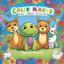 Create a high-quality book cover for a children's coloring book featuring a variety of animals