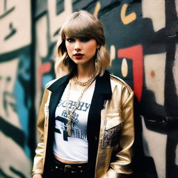 Taylor Swift dressed as a gangster from Compton, wearing street-style clothing, including a bandana, oversized jacket, and gold chains