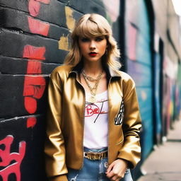 Taylor Swift dressed as a gangster from Compton, wearing street-style clothing, including a bandana, oversized jacket, and gold chains