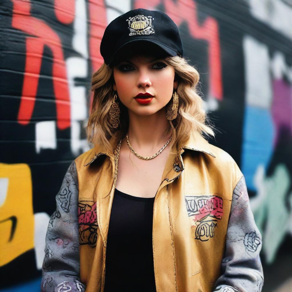 Taylor Swift dressed as a gangster from Compton, wearing street-style clothing, including a bandana, oversized jacket, and gold chains