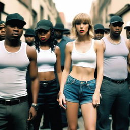 Taylor Swift dressed as a street gangster from Compton, standing with her gang before robbing a China store