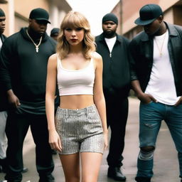 Taylor Swift dressed as a street gangster from Compton, standing with her gang before robbing a China store