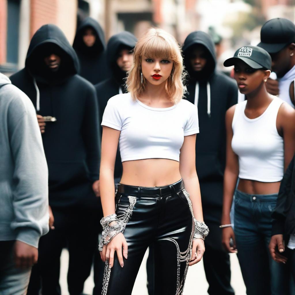 Taylor Swift dressed in hip hop clothes, standing with a group of people in a street setting