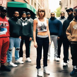 Taylor Swift dressed in hip hop clothes, standing with a group of people in a street setting