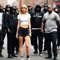 Taylor Swift dressed in hip hop clothes, standing with a group of people in a street setting