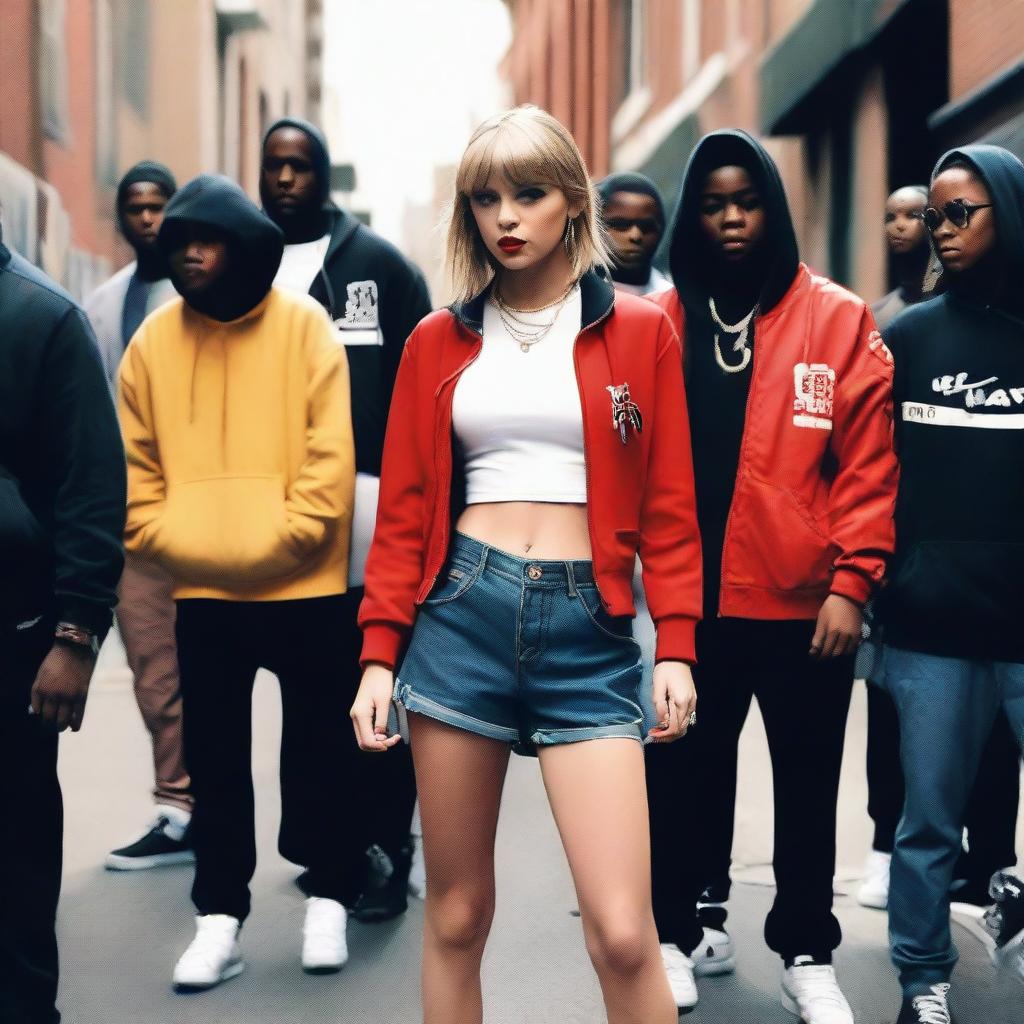 Taylor Swift dressed in hip hop clothes, standing with a group of people in a street setting