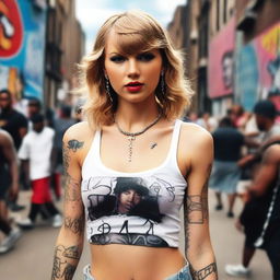 Taylor Swift depicted as a street gangster from a ghetto, wearing hip hop clothes and adorned with tattoos