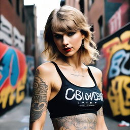 Taylor Swift depicted as a street gangster from a ghetto, wearing hip hop clothes and adorned with tattoos