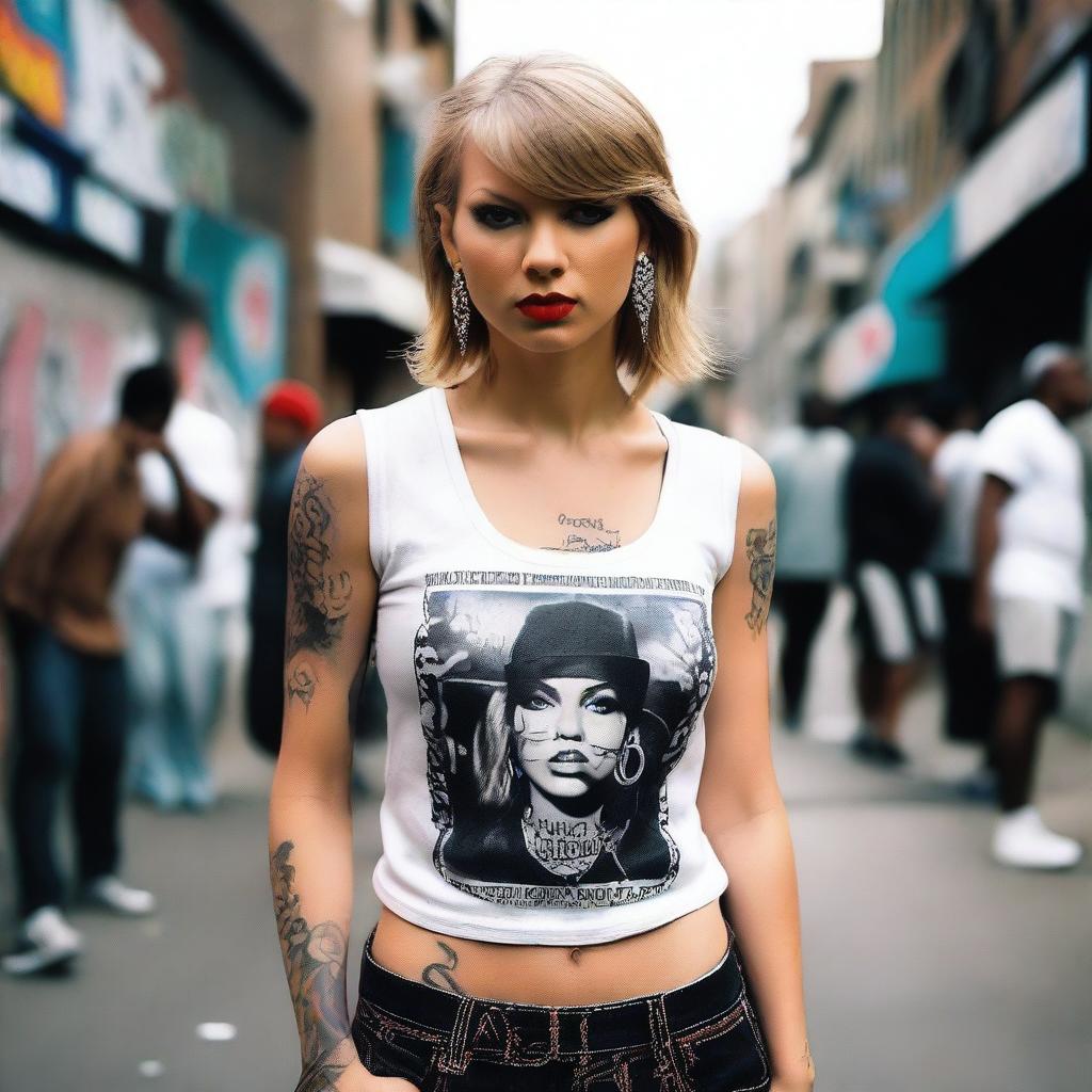 Taylor Swift depicted as a street gangster from a ghetto, wearing hip hop clothes and adorned with tattoos