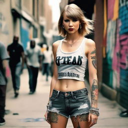 Taylor Swift depicted as a street gangster from a ghetto, wearing hip hop clothes and adorned with tattoos