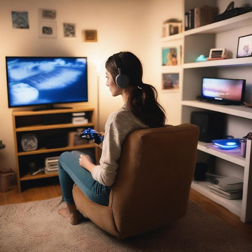 A brunette girl playing video games in a cozy room with soft lighting