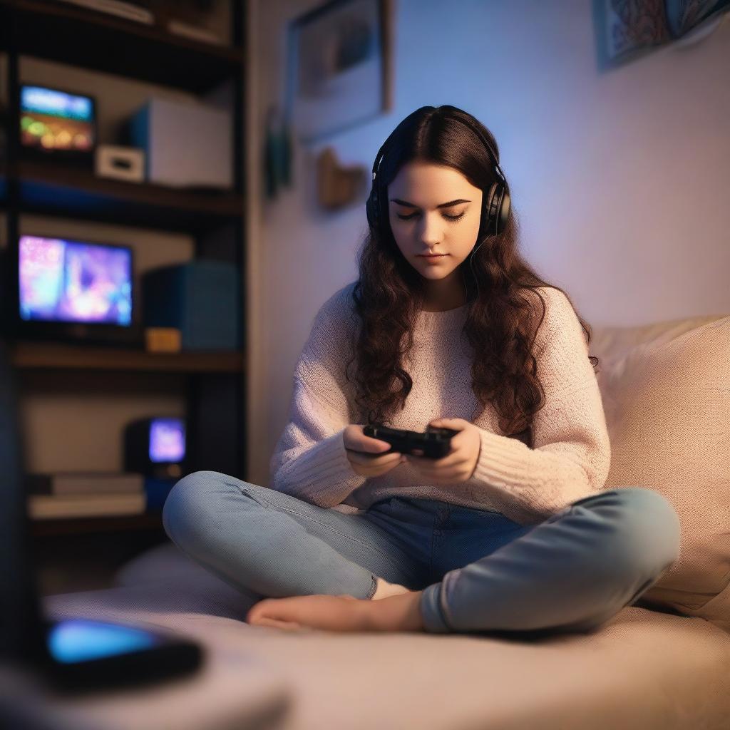 A brunette girl playing video games in a cozy room with soft lighting