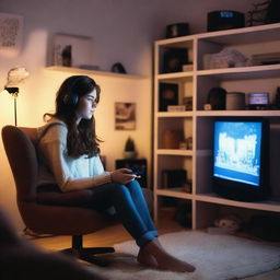 A brunette girl playing video games in a cozy room with soft lighting