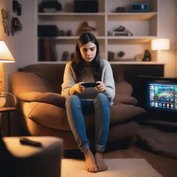 A brunette girl playing video games in a cozy room with soft lighting