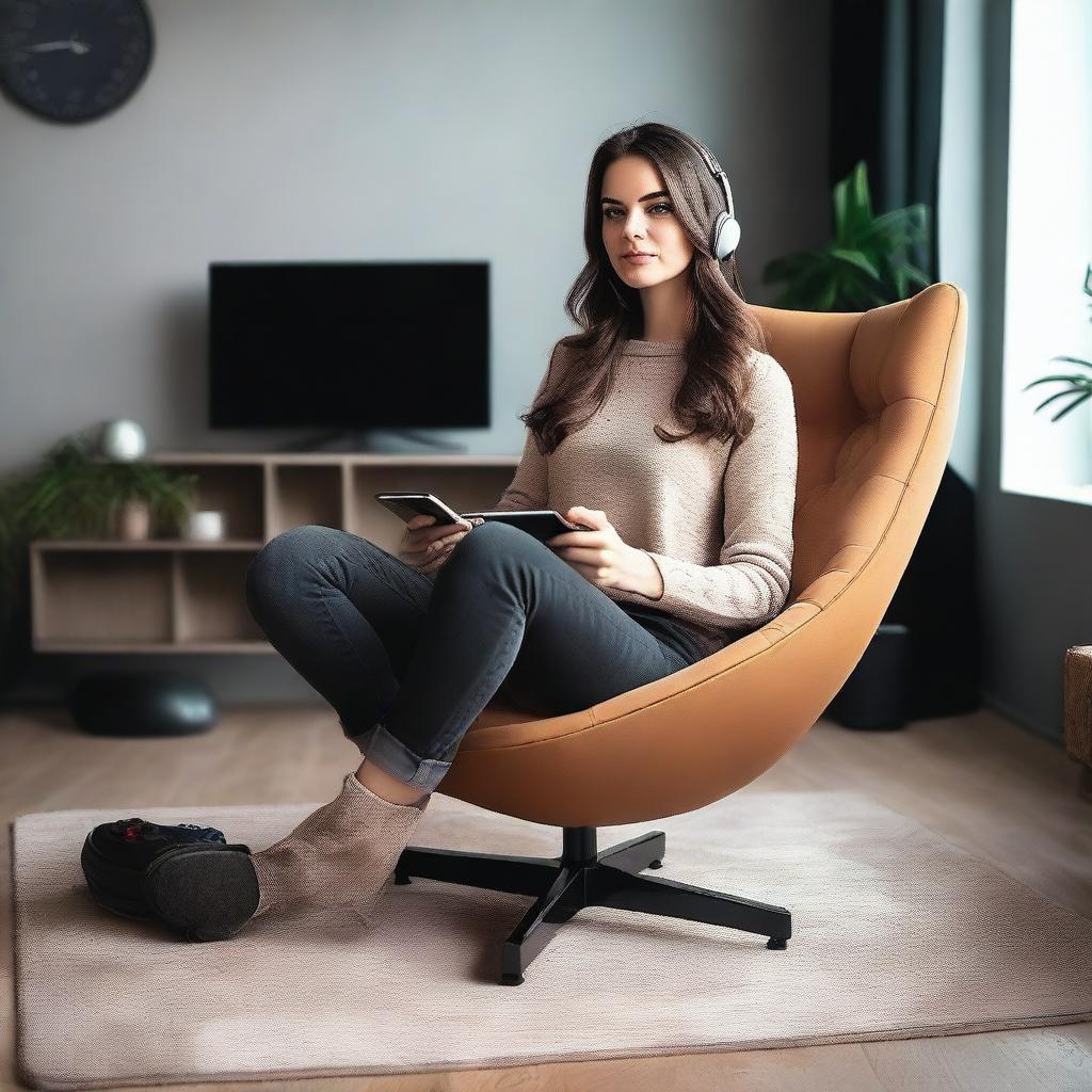 A brunette woman with a confident and attractive demeanor playing video games in a stylish room