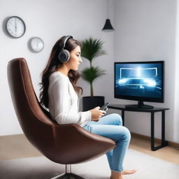 A brunette woman with a confident and attractive demeanor playing video games in a stylish room