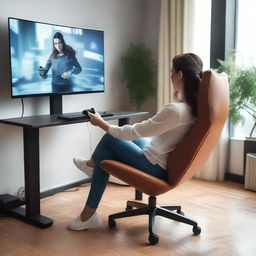 A brunette woman with a confident and attractive demeanor playing video games in a stylish room